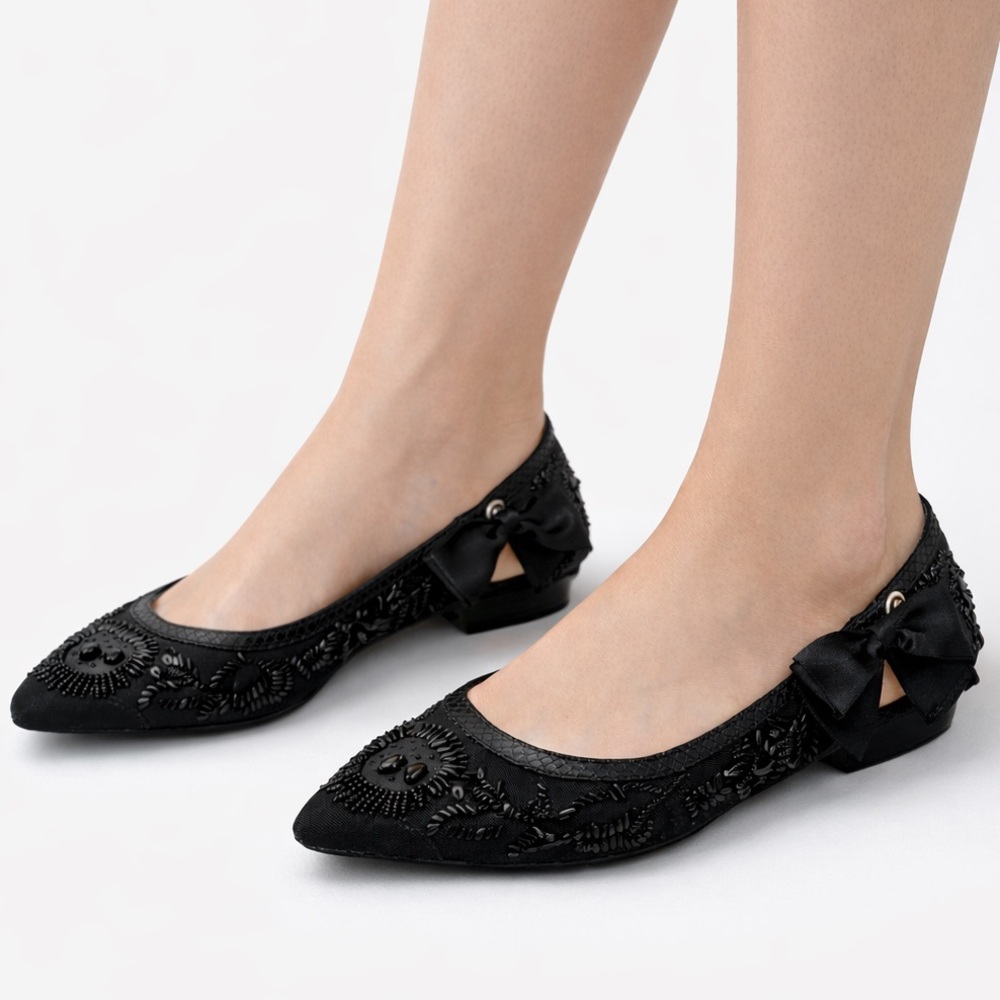 Talbots Embroidered Embellished Black Bejeweled Ballet Flats Women’s Size 9.5